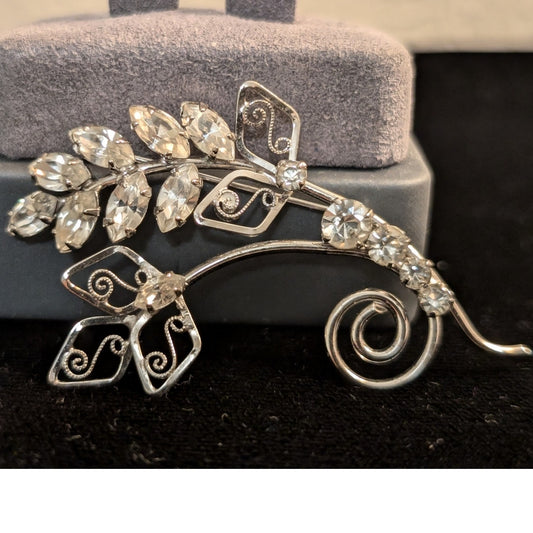 Vintage Tru Kay Sterling Marquis Cut Rhinestone Leaf Scroll Brooch/Pendant