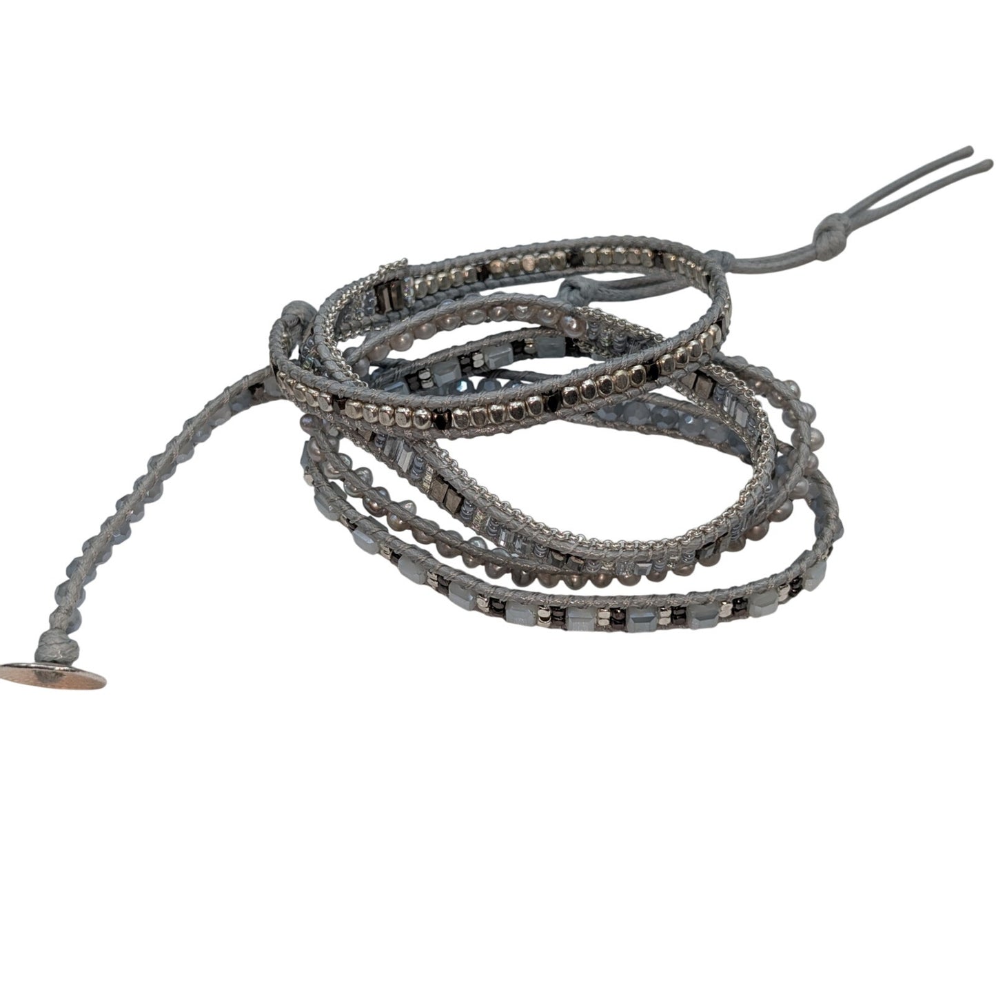Shades of Gray Pale Blue Crystal Genuine Pearl Bead Wrap Bracelet