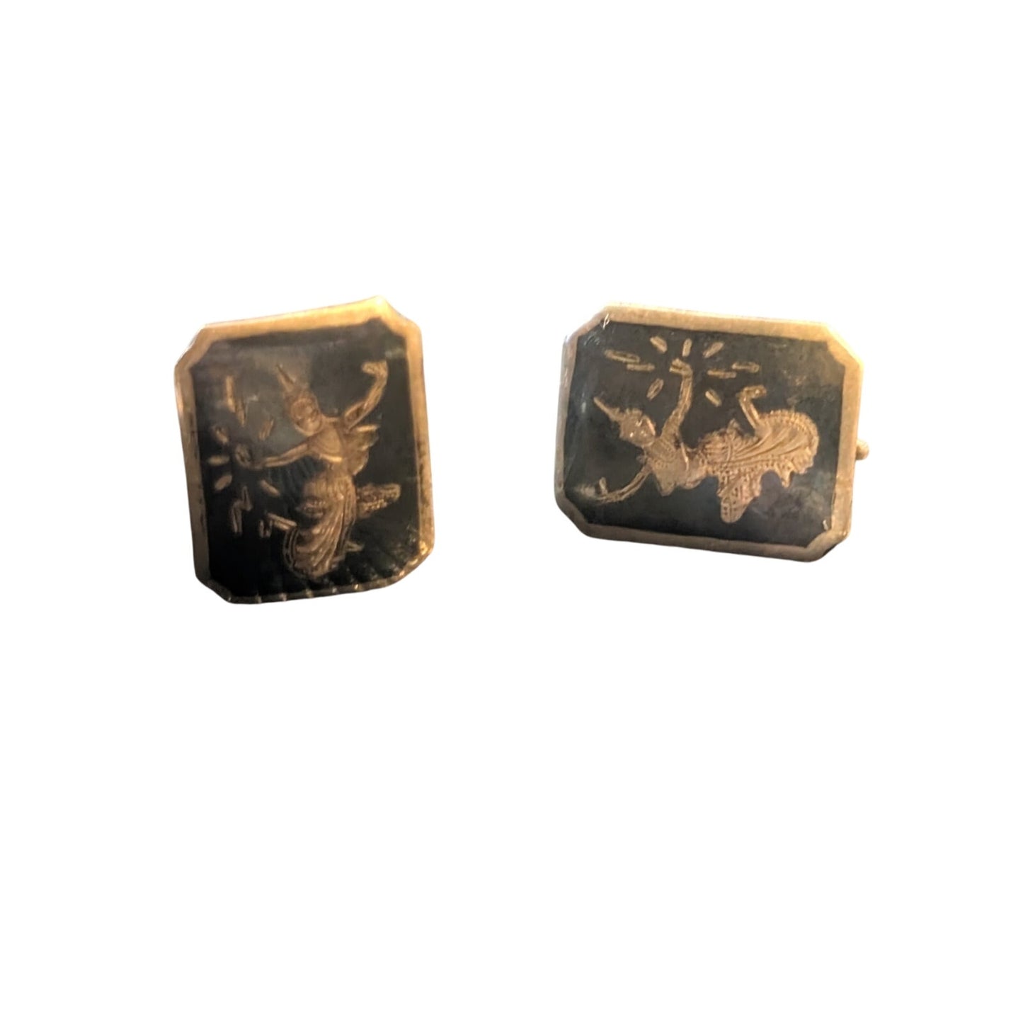 Vintage Siam Niello Black Enamel Sterling Silver Thailand Screw Back Earrings