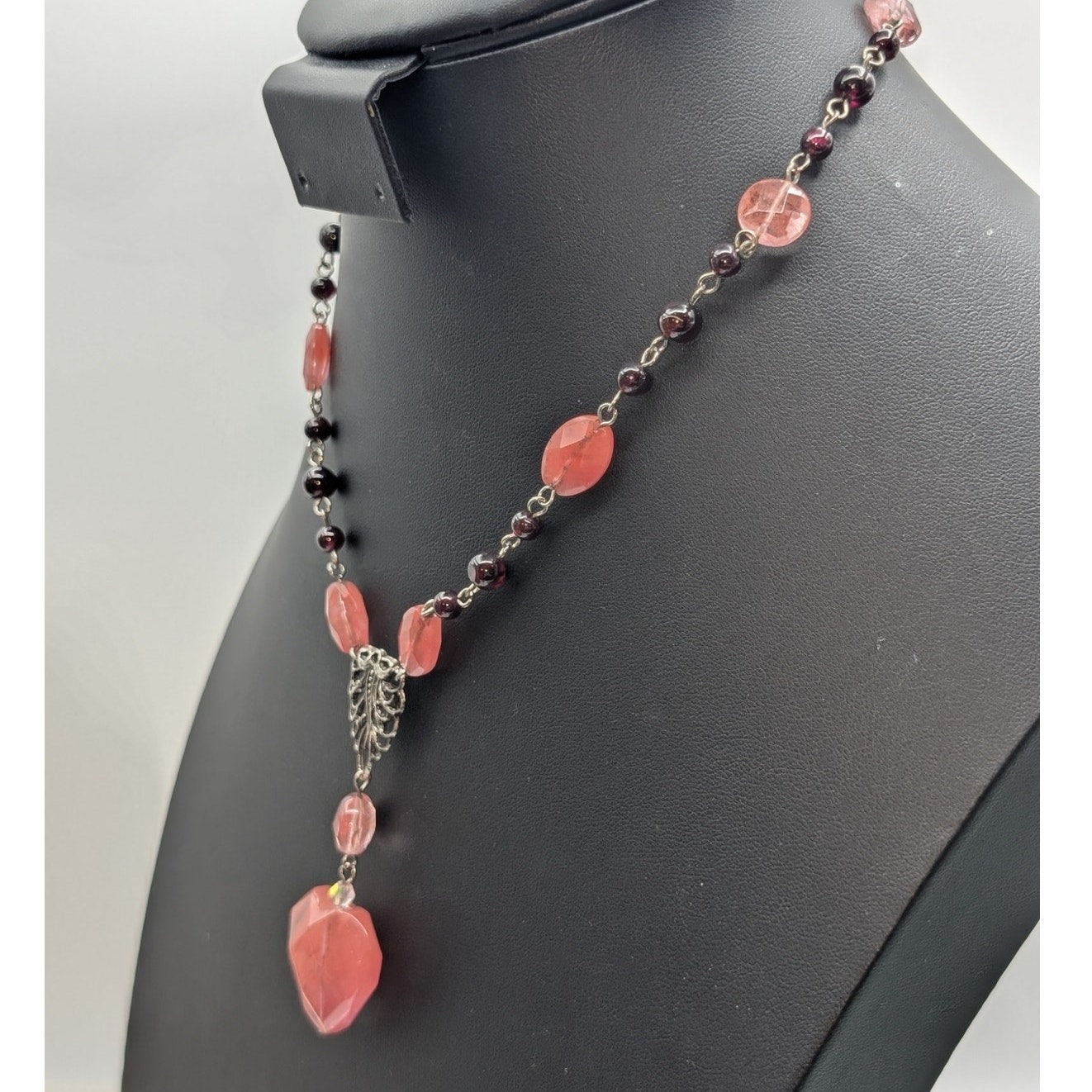 Antique Silver Tone Pink Glass Heart Garnet Bead Y-Drop 16"-17.5" Necklace