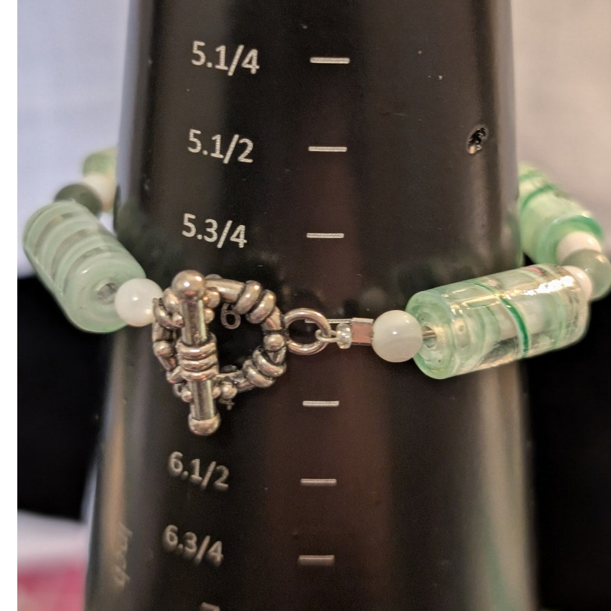 Glass Mint Green Lampwork Elongated Cylinder & Stone & Milk Glass Bead Bracelet