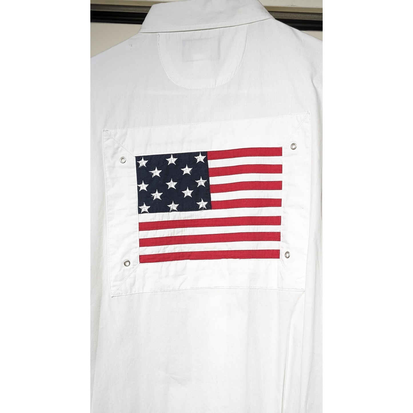 Vintage David Paul New York White Button Up USA Blouse W/ Flag Back Mens XL