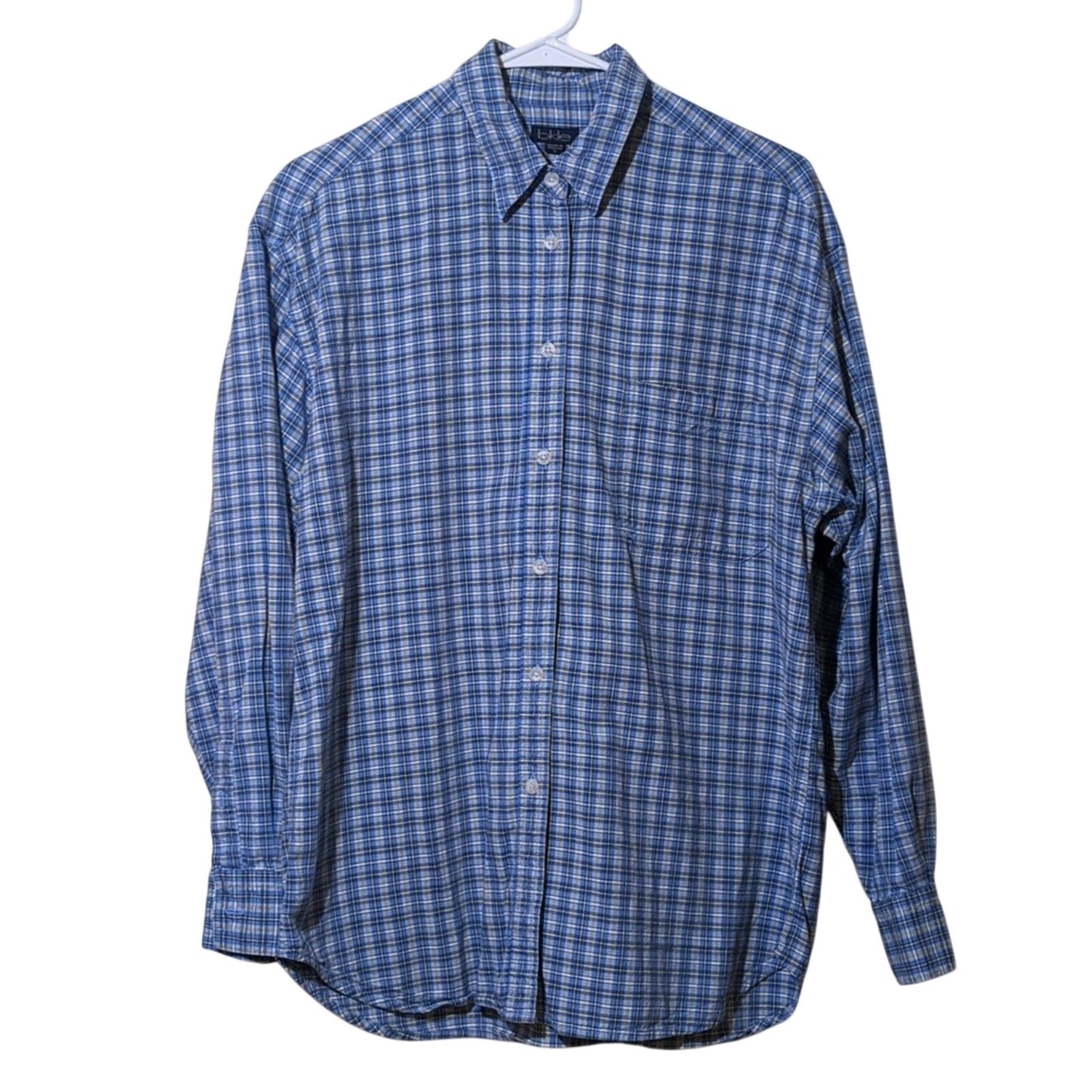 BKLE Blue Plaid 100% Cotton Button Down Shirt Men's Size L