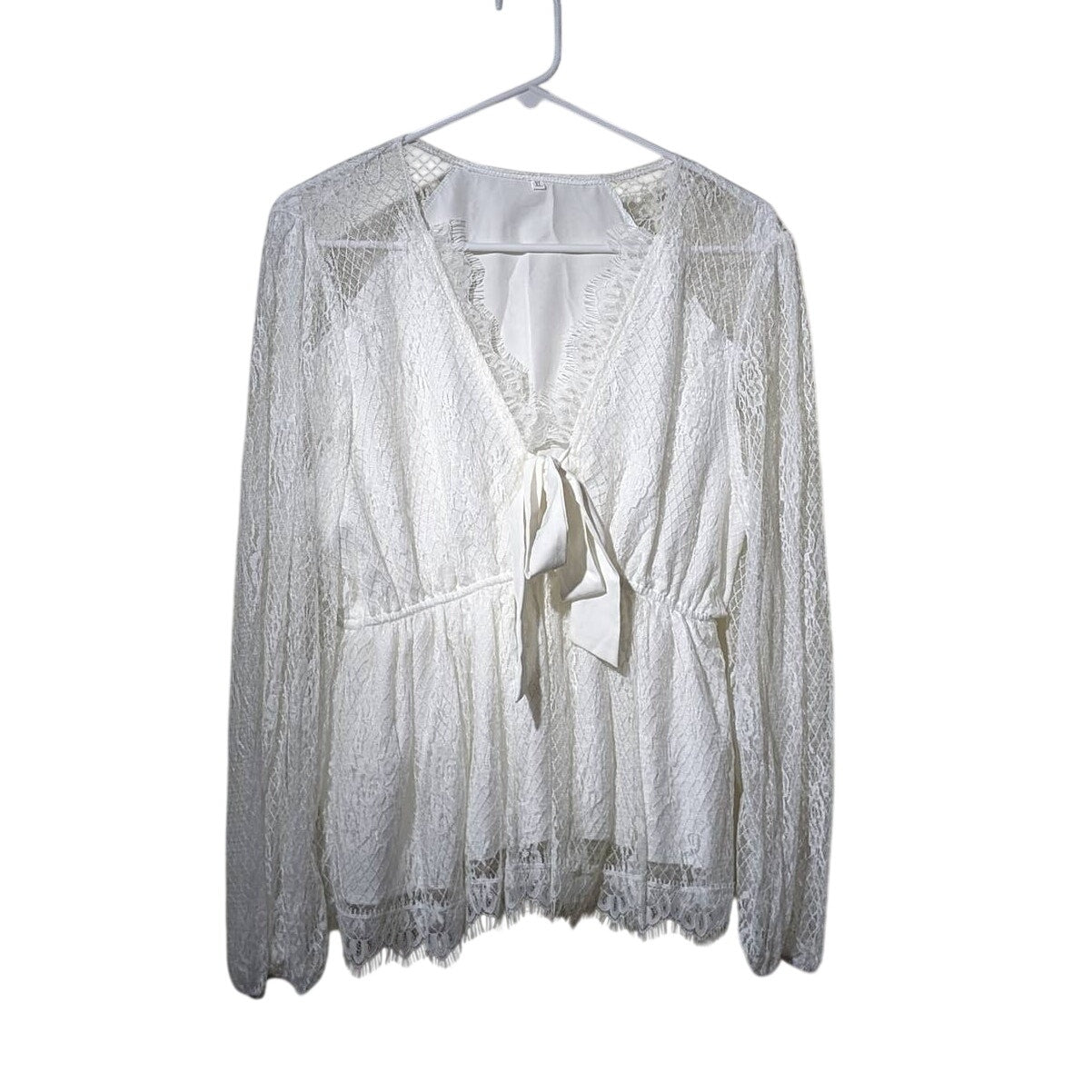 Unbranded White Lace Long Sleeve Tie Front Elastic Waist Blouse Womens Sz XL