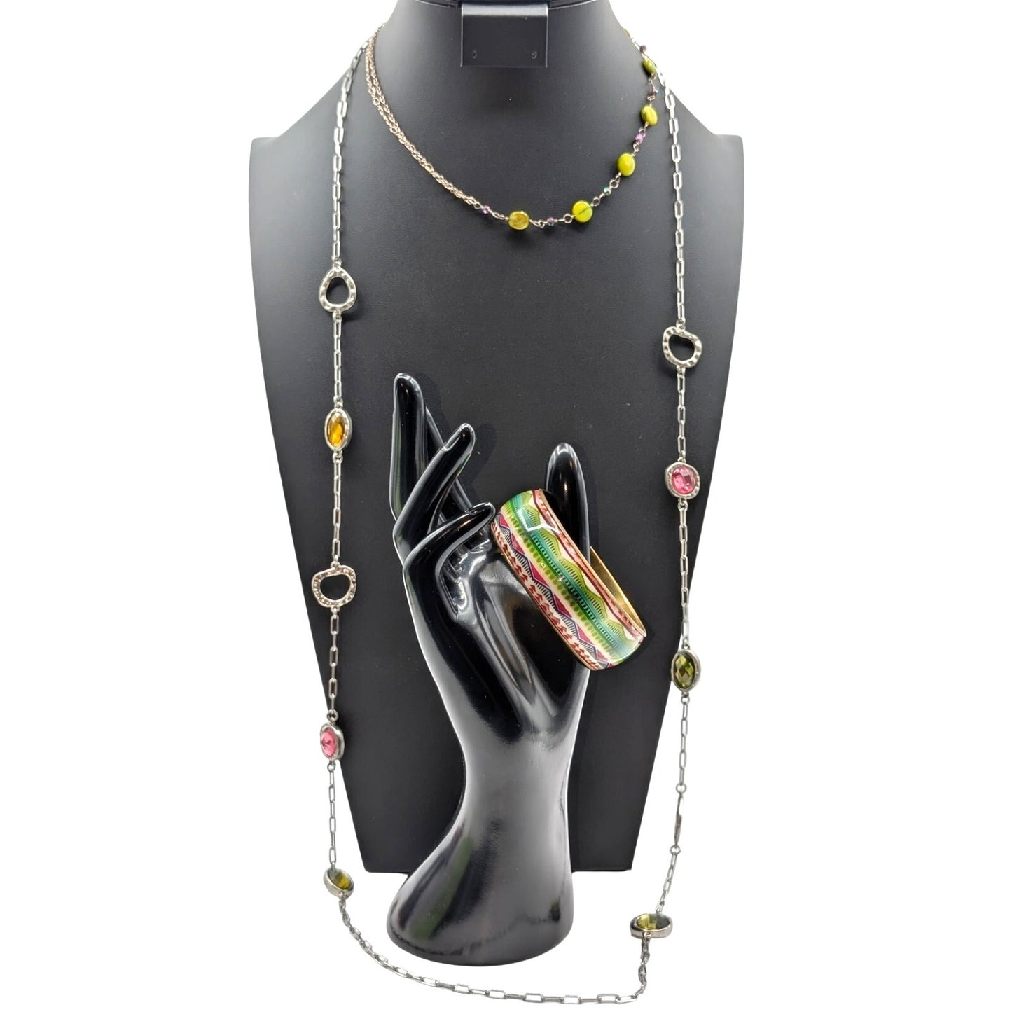 Long Lia Sophia & 925 Sterling Shell Necklaces & Colorful Brass Bangle Bracelet
