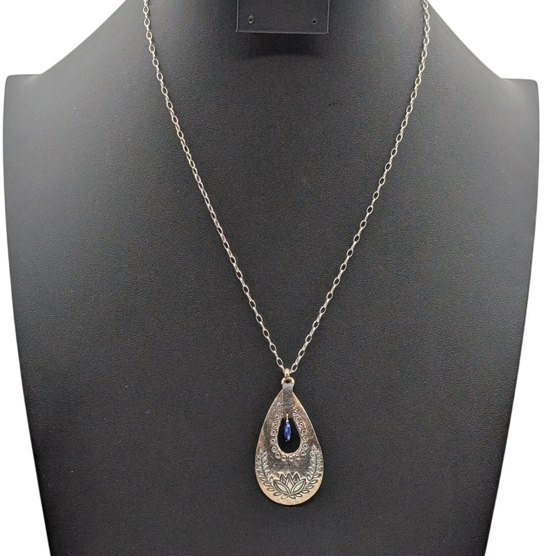 925 Italy Sterling P. Lux Chain Teardrop Lotus With Dangling Blue Stone Necklace