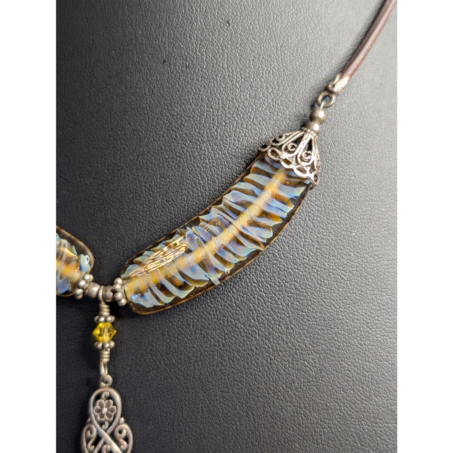 VTG Boho 925 Sterling Silver Fused Glass Crystal Dangle Leather Cord Necklace