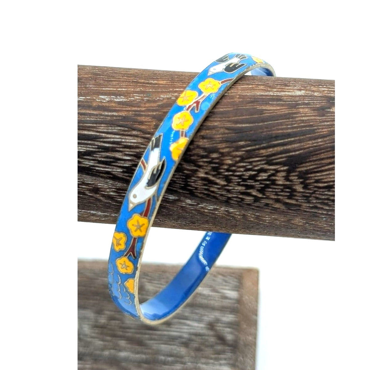 Vintage Blue Enamel Flying Bird Yellow Flower Cloisonne Bangle Bracelet
