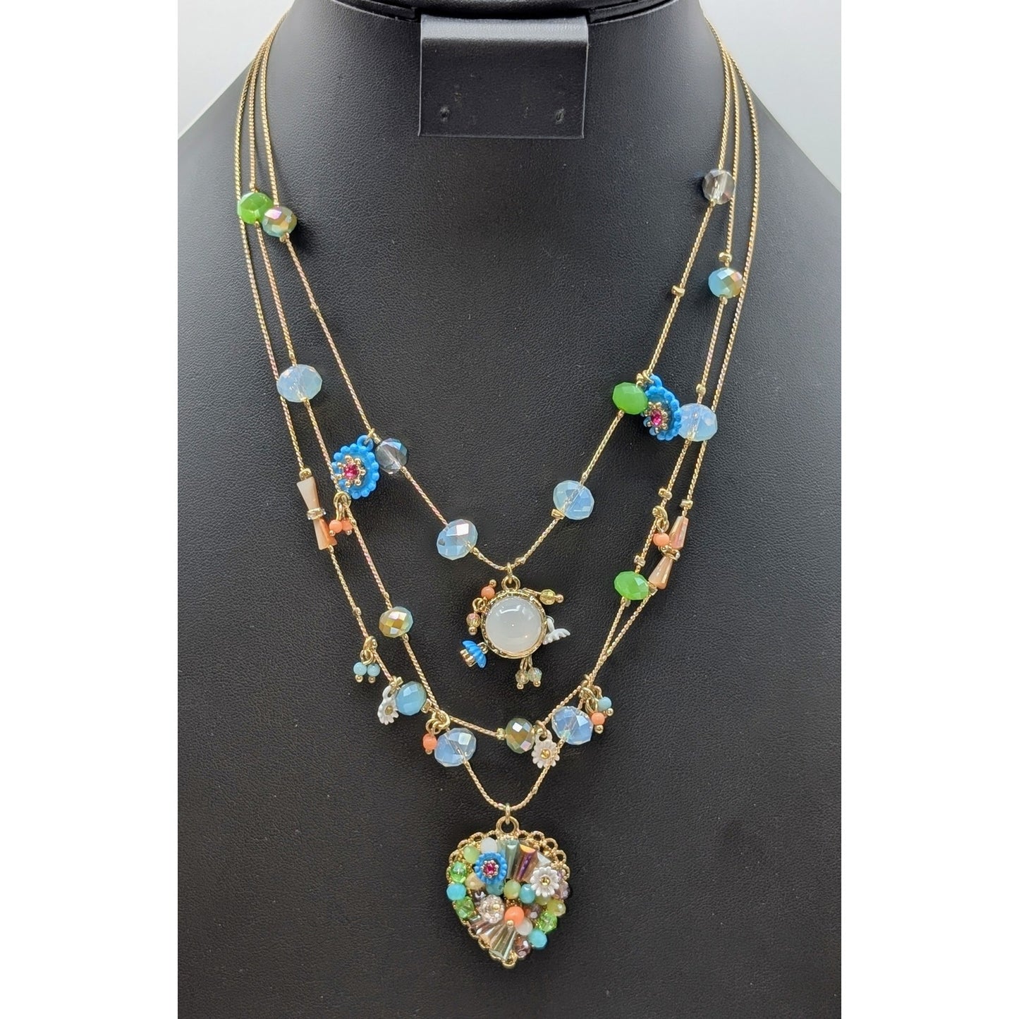 Betsey Johnson Three Strand Gold Tone Crystal Bead Studded Heart Necklace