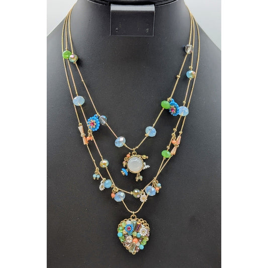 Betsey Johnson Three Strand Gold Tone Crystal Bead Studded Heart Necklace