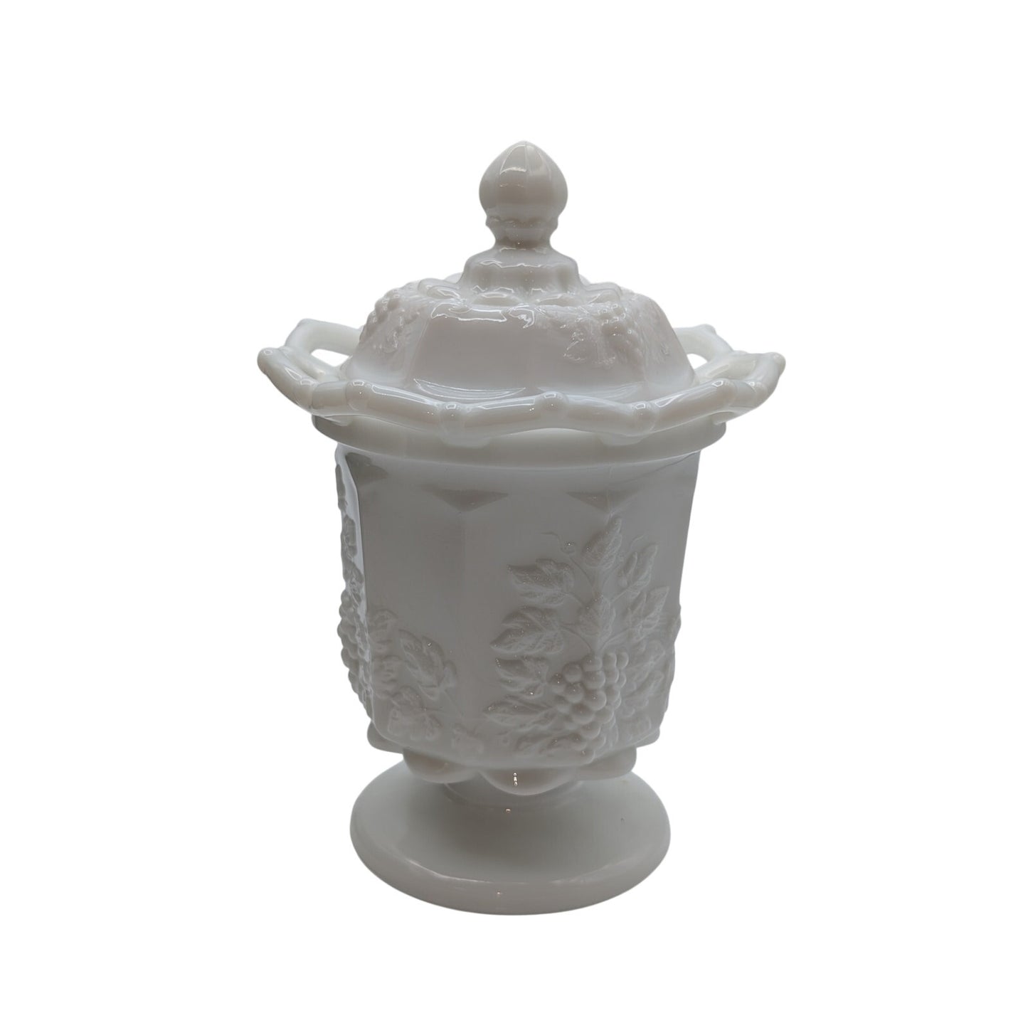 Vtg Westmoreland Milk Glass Grape Design Open Lace Lidded Top Decorative  Jar