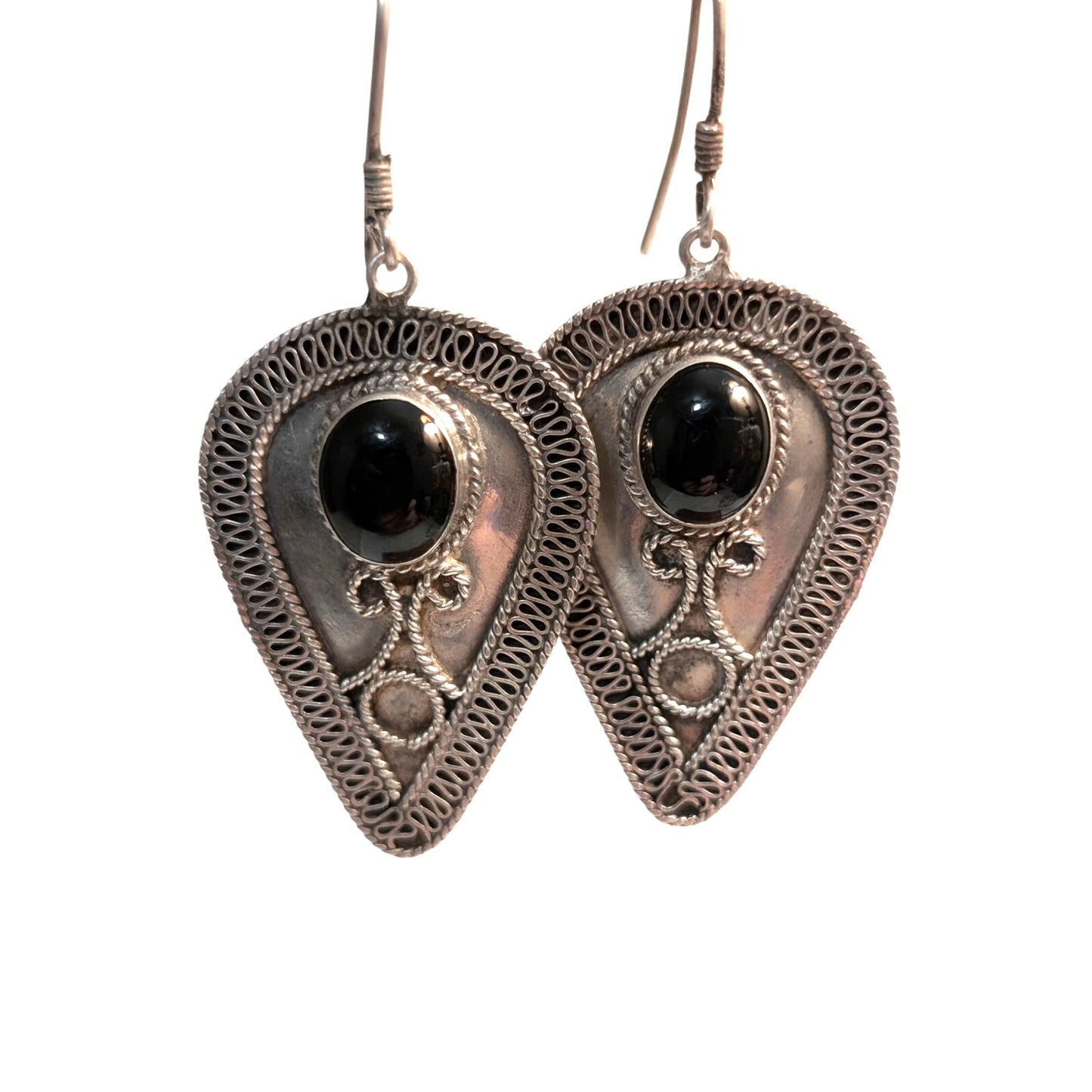 Vintage Black Onyx Bali Inspired Teardrop Dangle Earrings