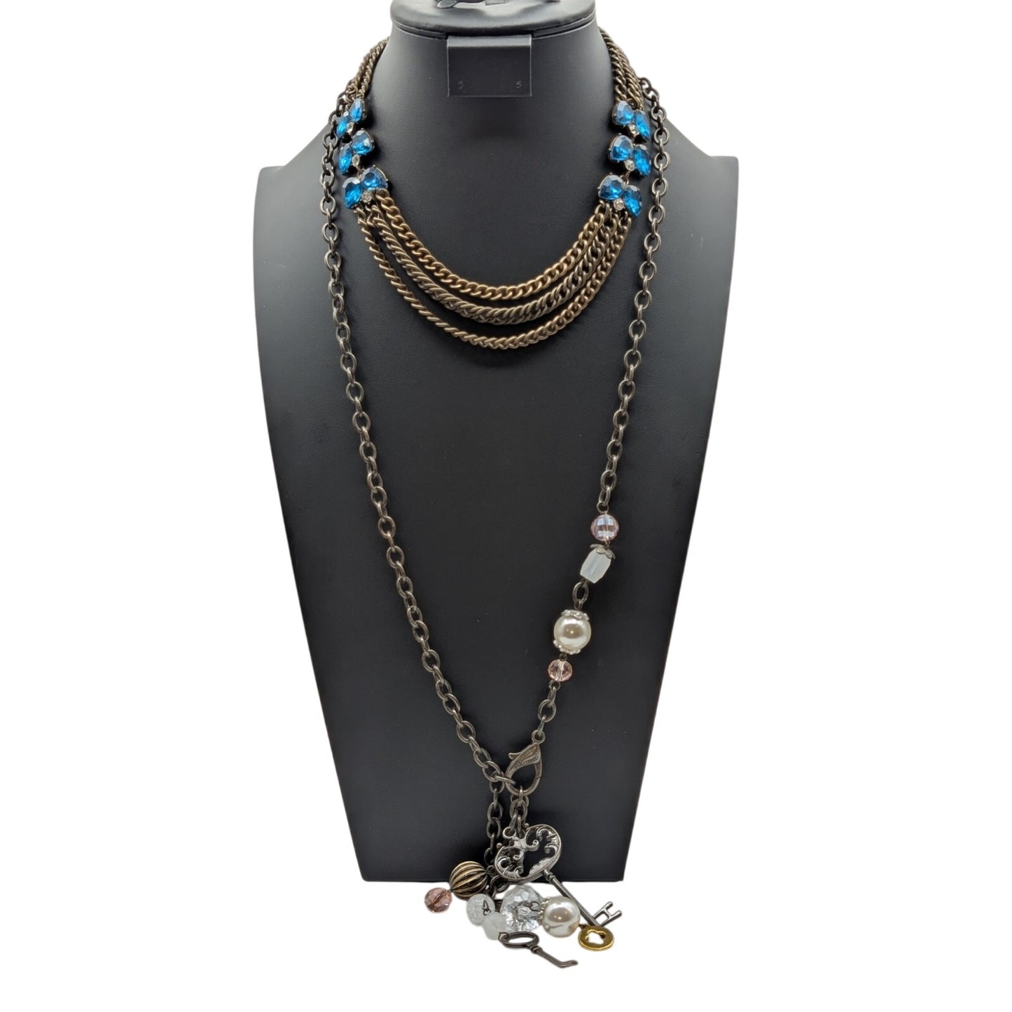 Lot of Two Plunder Necklaces Bronze Metal Blue Rhinestone Charm Tassel Chain
