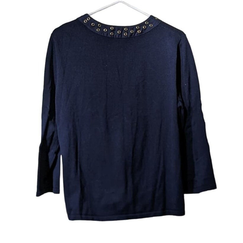 Jones New York Signature Vintage Navy Grommet Placket Cardigan Womens Sz XL