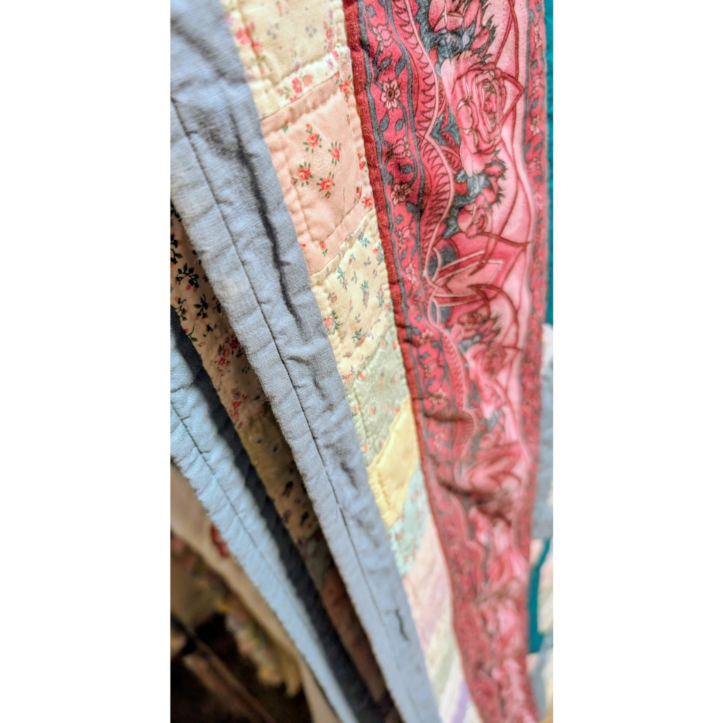 Vintage 84" X 102" Teal Blue & Mauve Cotton Hand Stitched Quilt