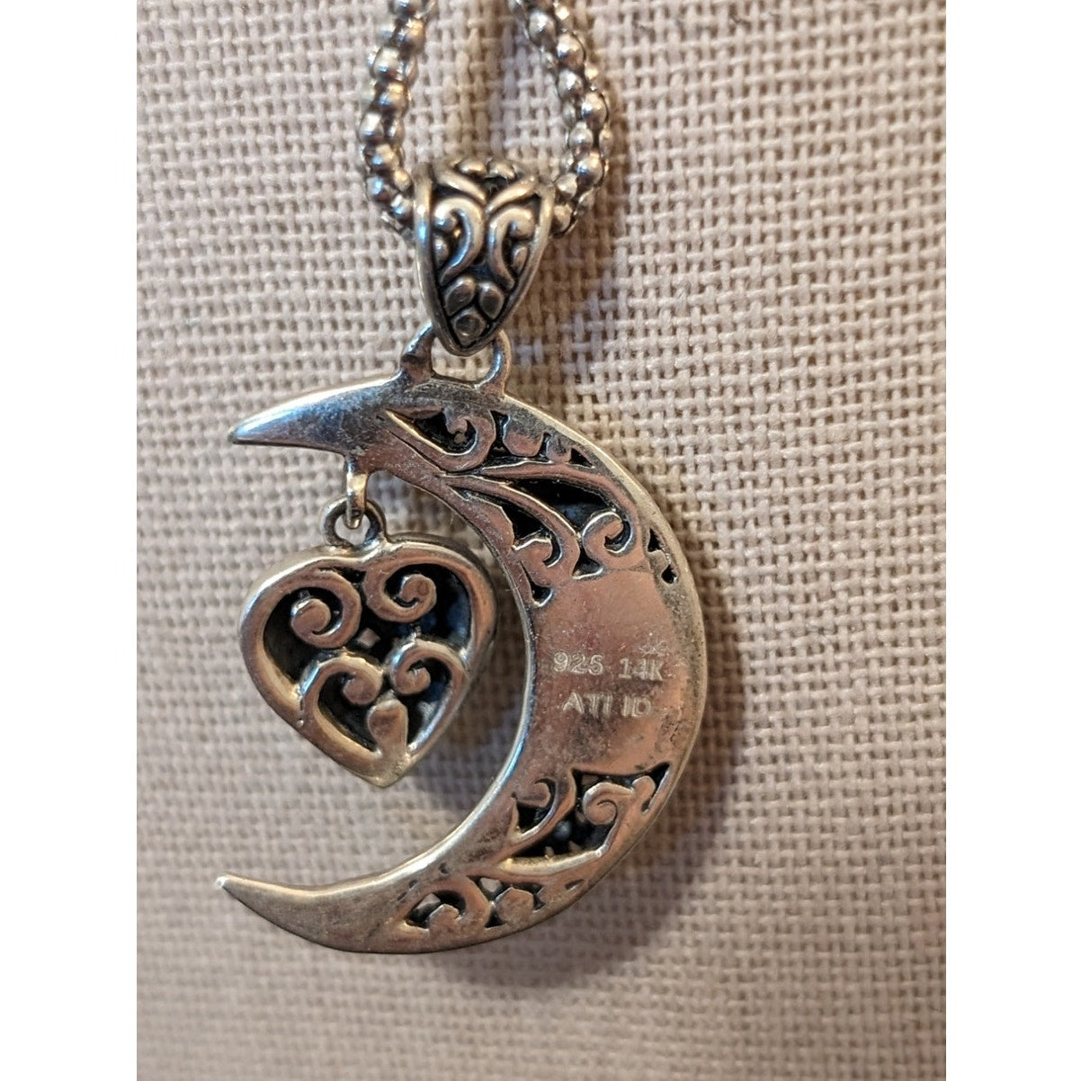 925 Sterling & 14K Two Toned Filigree Moon & Dangling Heart Pendant Necklace