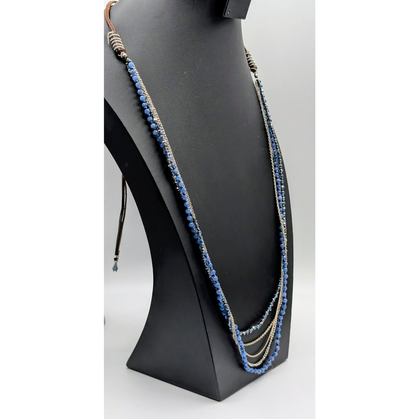 Silver Tone Multi-Chain Blue Bead Rawhide Adjustable Boho Necklace