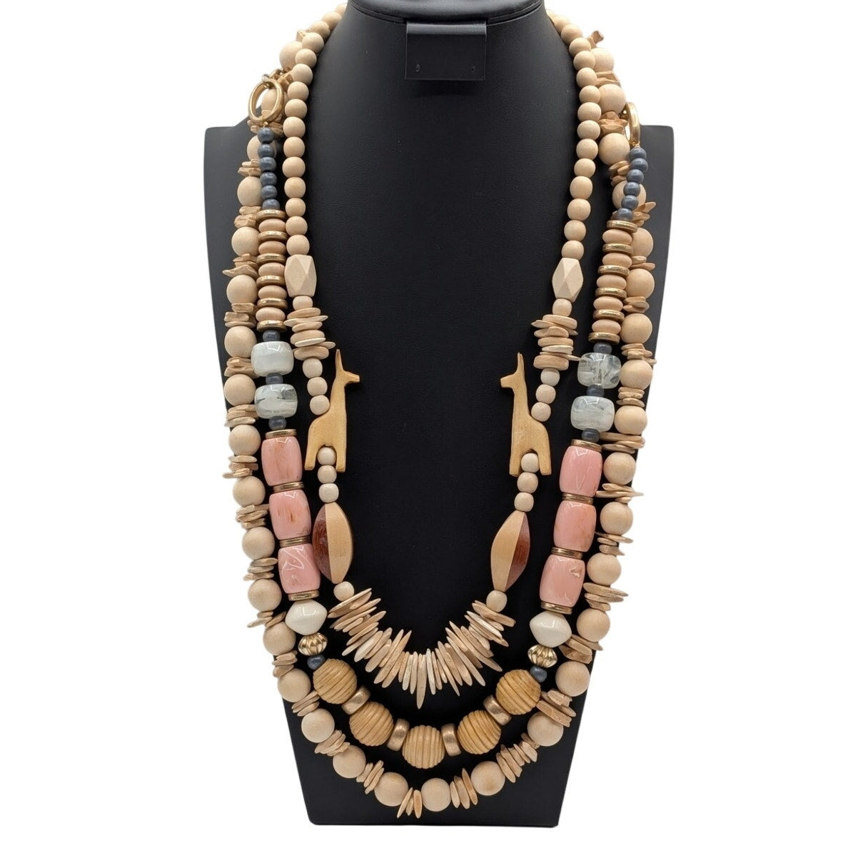 Lot of Three Chunky Boho Tribal Wood Carved Animal Acrylic Bead Necklaces