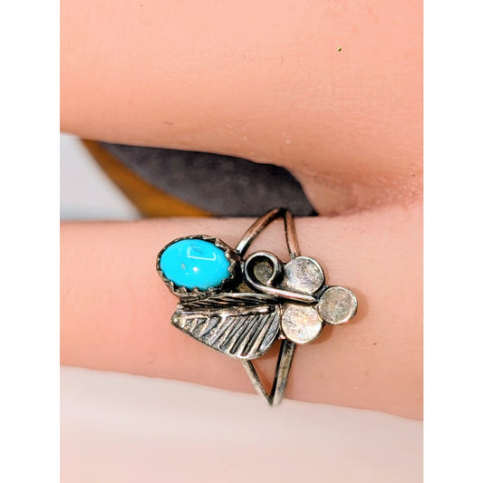 Vintage 925 Sterling Silver Turquoise Leaf Split Shank Thin Band Ring Size 5.25