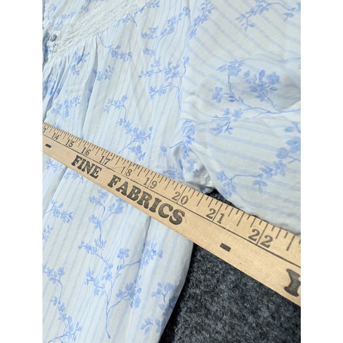 Eileen West Blue Stripe Floral Cotton Button Front 3/4 Sleeve Lace Sleepwear L