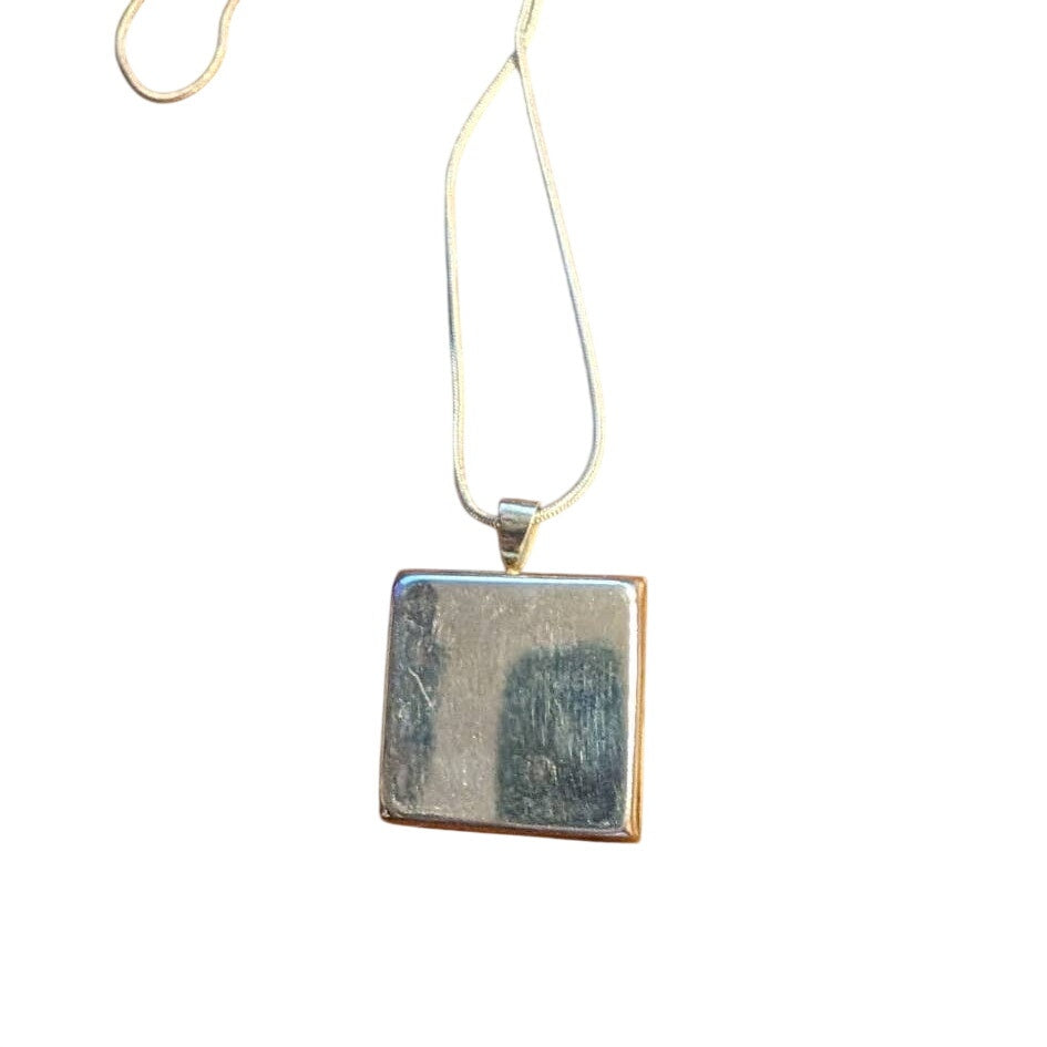 Fleur De Lis Shield On Stone Pendant on 18K Gold Plated 23" Silver Snake Chain