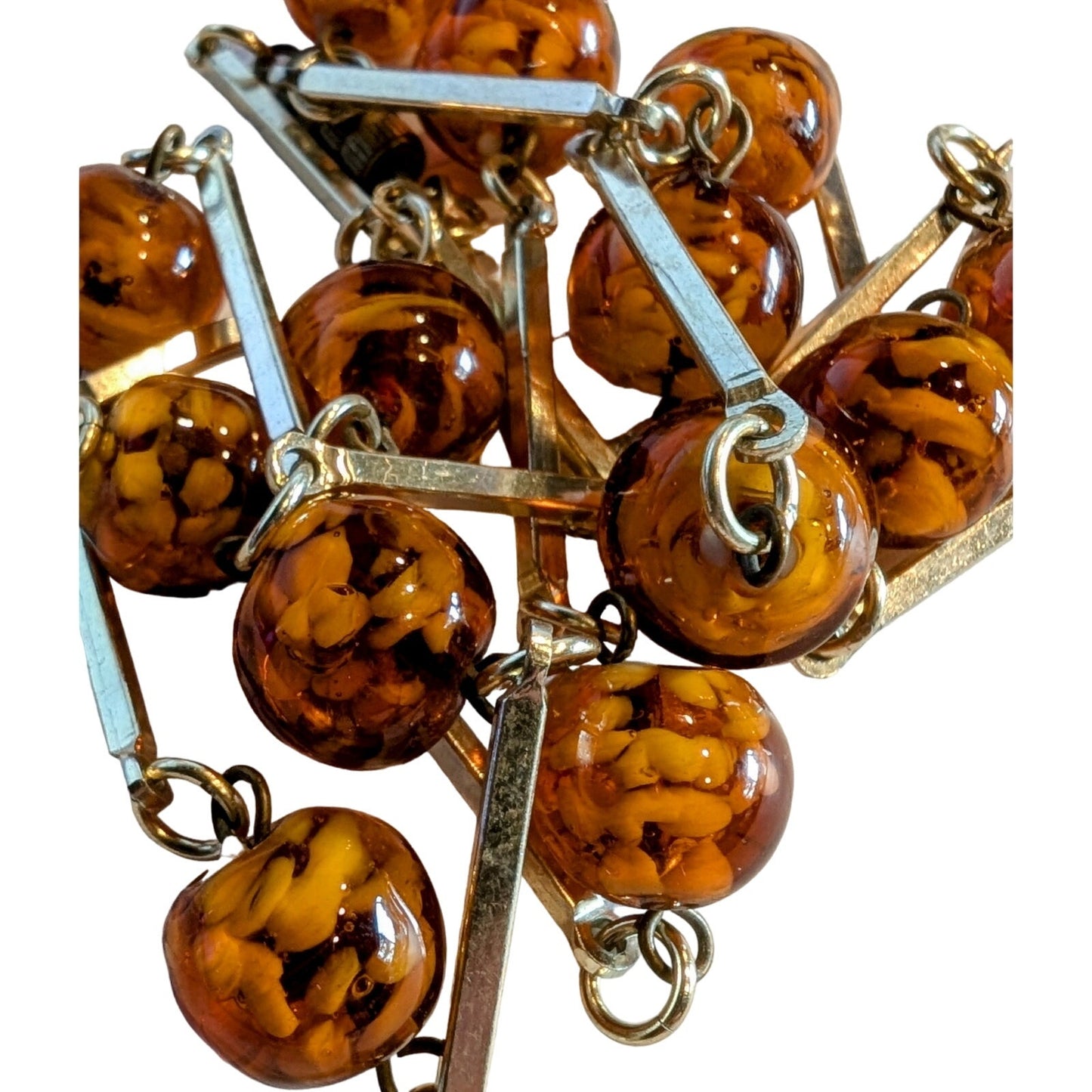 Rare Vintage Mid Century Amber Art Glass Bar Bead Gold Tone 30" Necklace