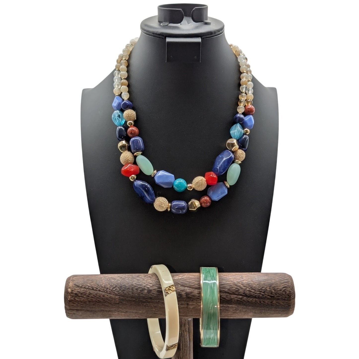 Multi-Colored Acrylic Double Strand Necklace & Two Coordinating Bangle Bracelets