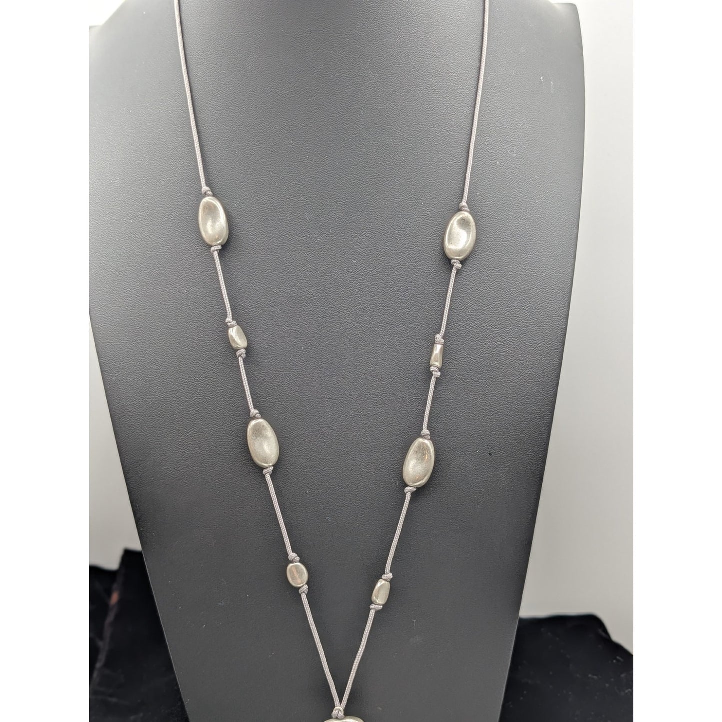 Long 30"-33" Silver Tone Beaded Station Corded Long Dangle Necklace