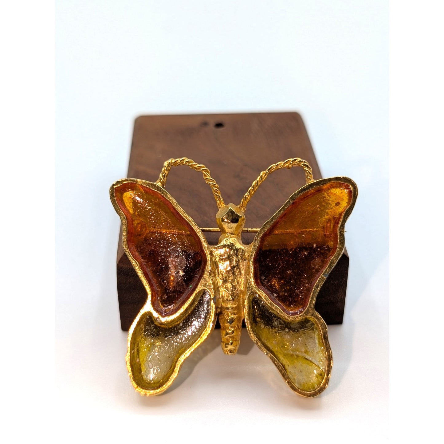 VTG Signed Mr. WE Stained Glass Resin Orange Yellow Gold Tone Butterfly Brooch