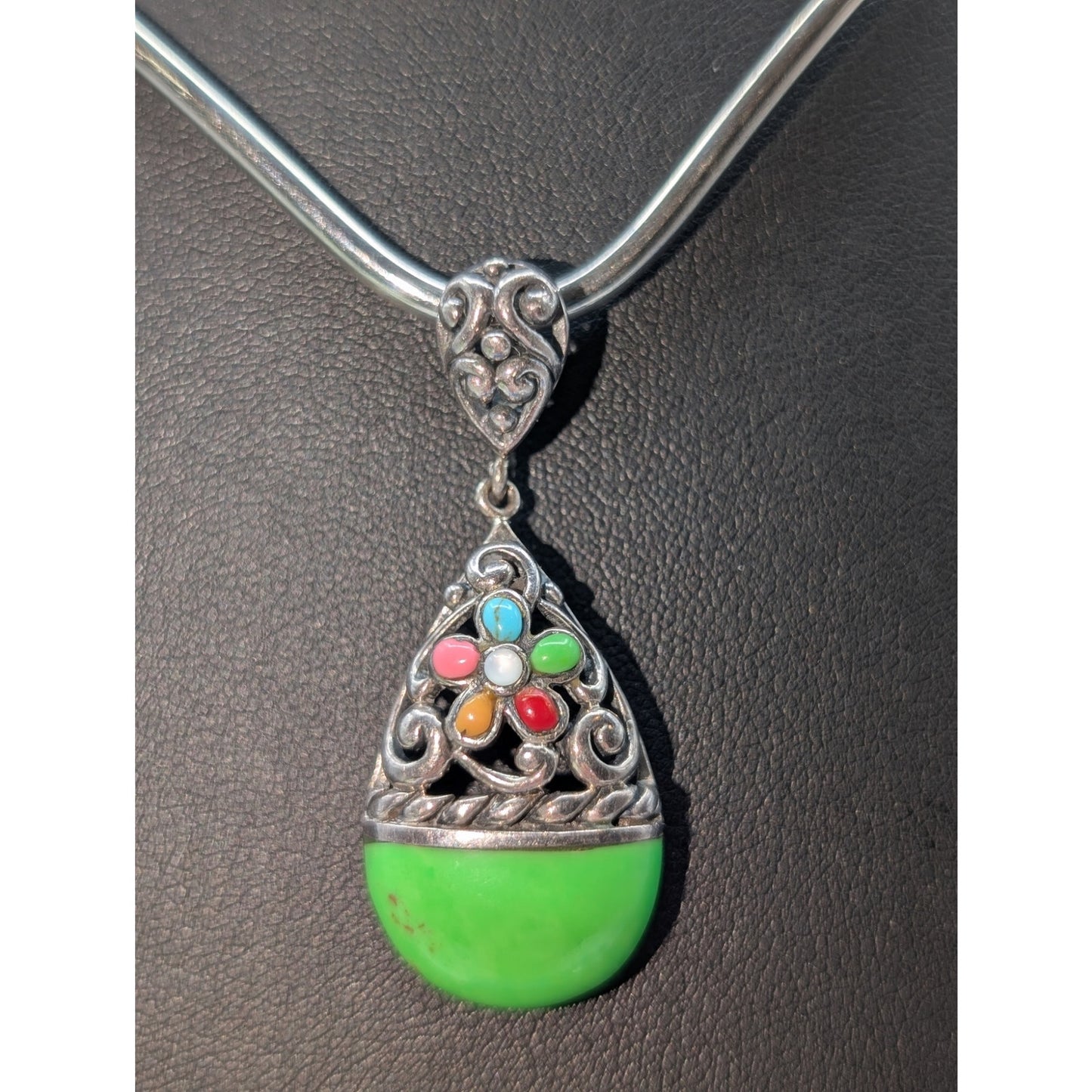 VTG Green Teardrop Multi-Color Stone 925 Sterling Silver Filigree Pendant (Only)