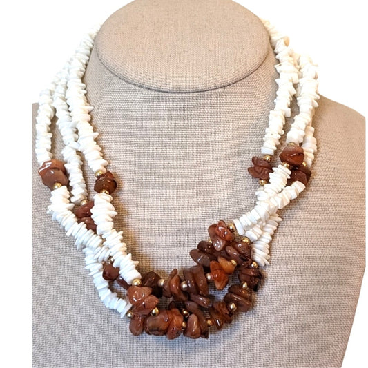 Three Strand Shell & Brown Chip Stone Beaded 19" Necklace W/ Barrel Clasp