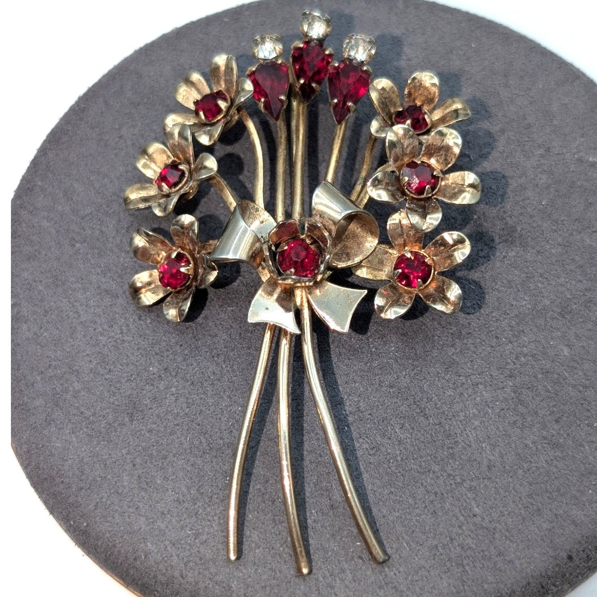 Vintage Gold Tone Red & Clear Rhinestone Floral Bouquet Brooch