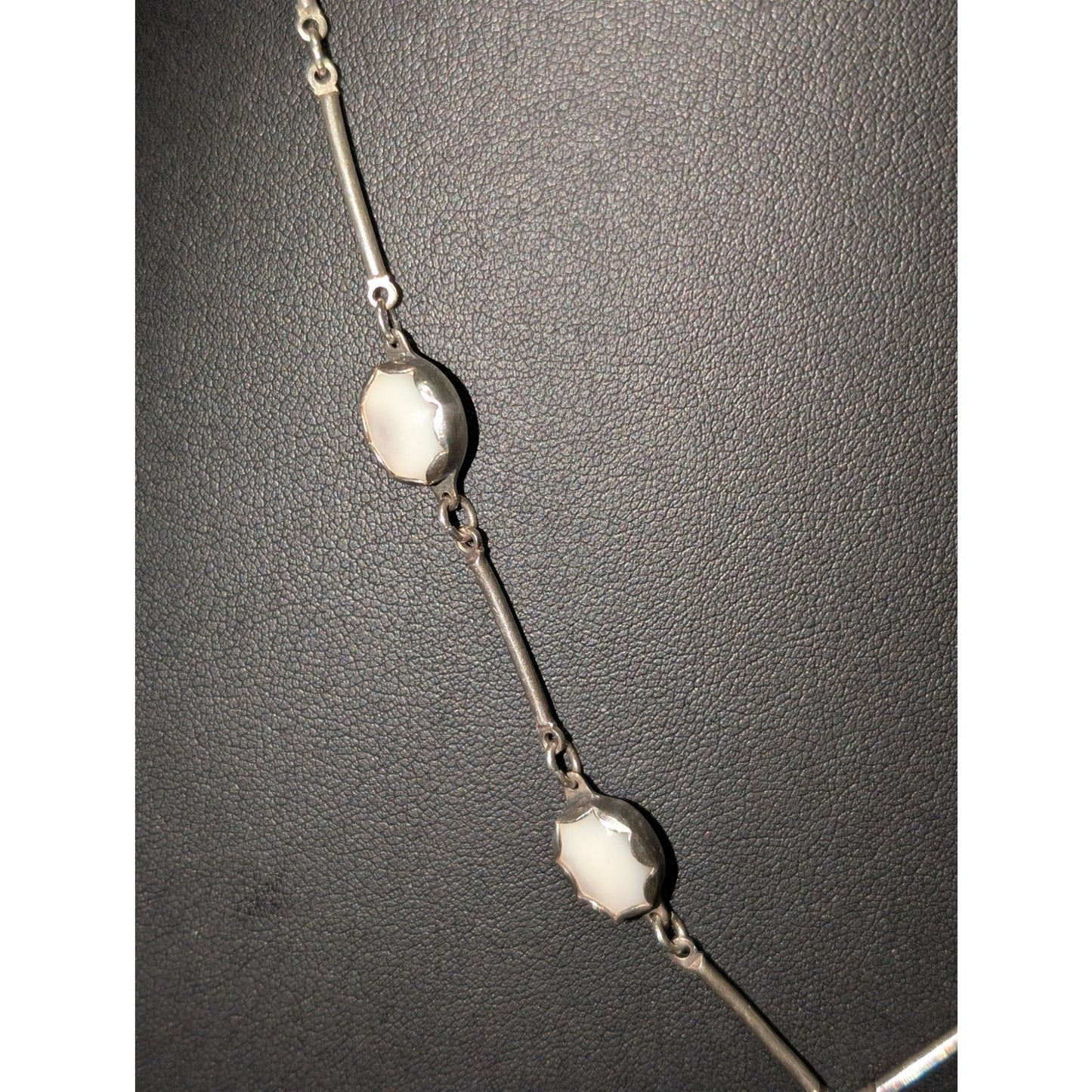 Vtg Sterling Signed Hand Set Turquoise & Mother of Pearl Bar Chain Drop Necklace