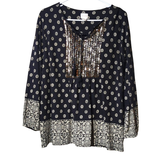 Chico's Sequin Beaded Front Placket Black/ White Peasant Elastic Sleeve Blouse 2