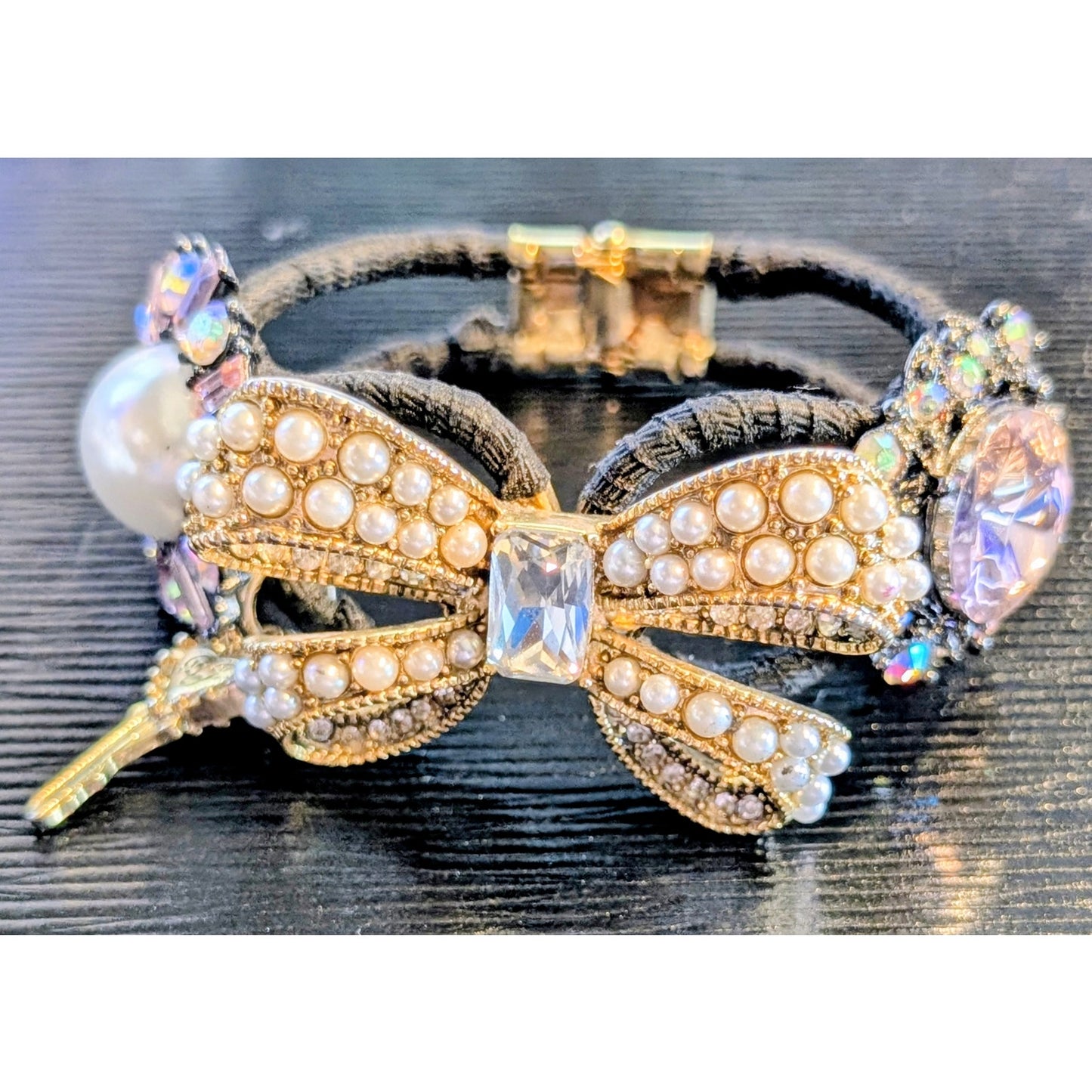 Betsey Johnson Faux Pearl Rhinestone Embellished Bow Hinged Cuff Bracelet