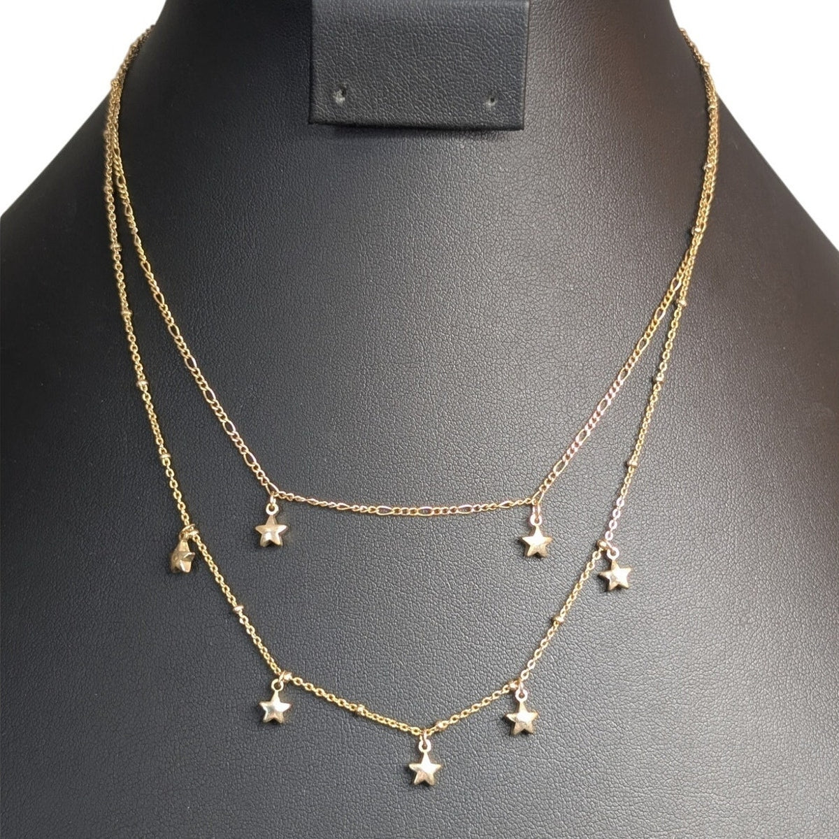 Dainty Dangling Stars Double Strand Gold Tone Chain Necklace