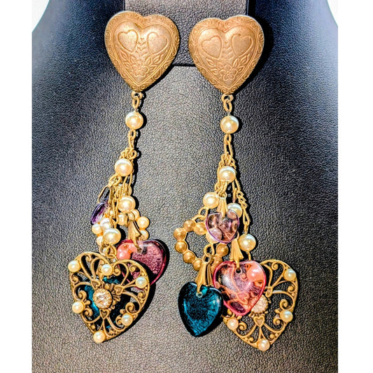 Vintage Heart Charm Faux Pearl Chandelier Dangle Earrings