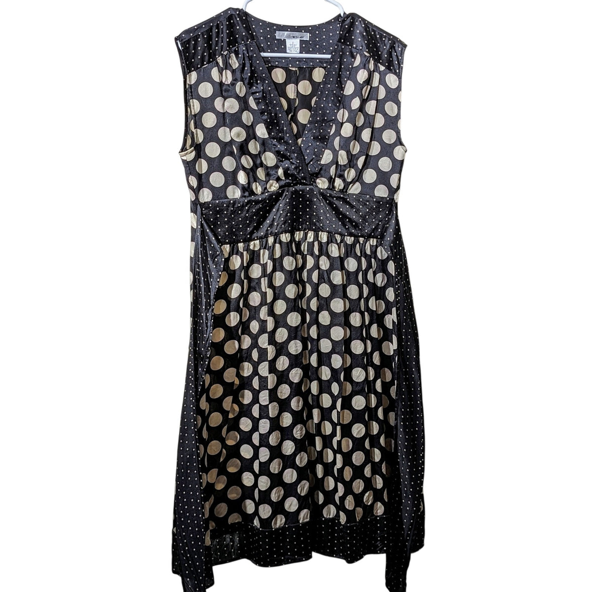 WD NY Black Cream Polka Dot V-Neck Tie Back Silk Lined Dress Size 2