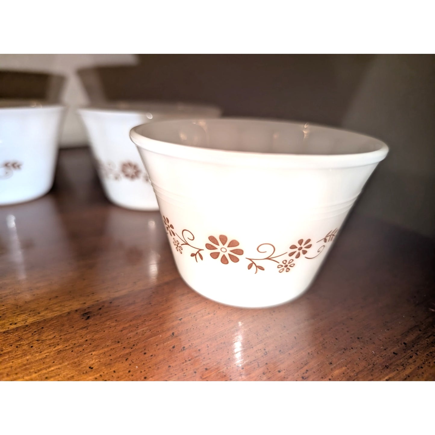 Vintage 1960s Dynaware Pyr-O-Rey Brown Daisy Milk Glass Custard Cups Set of Four