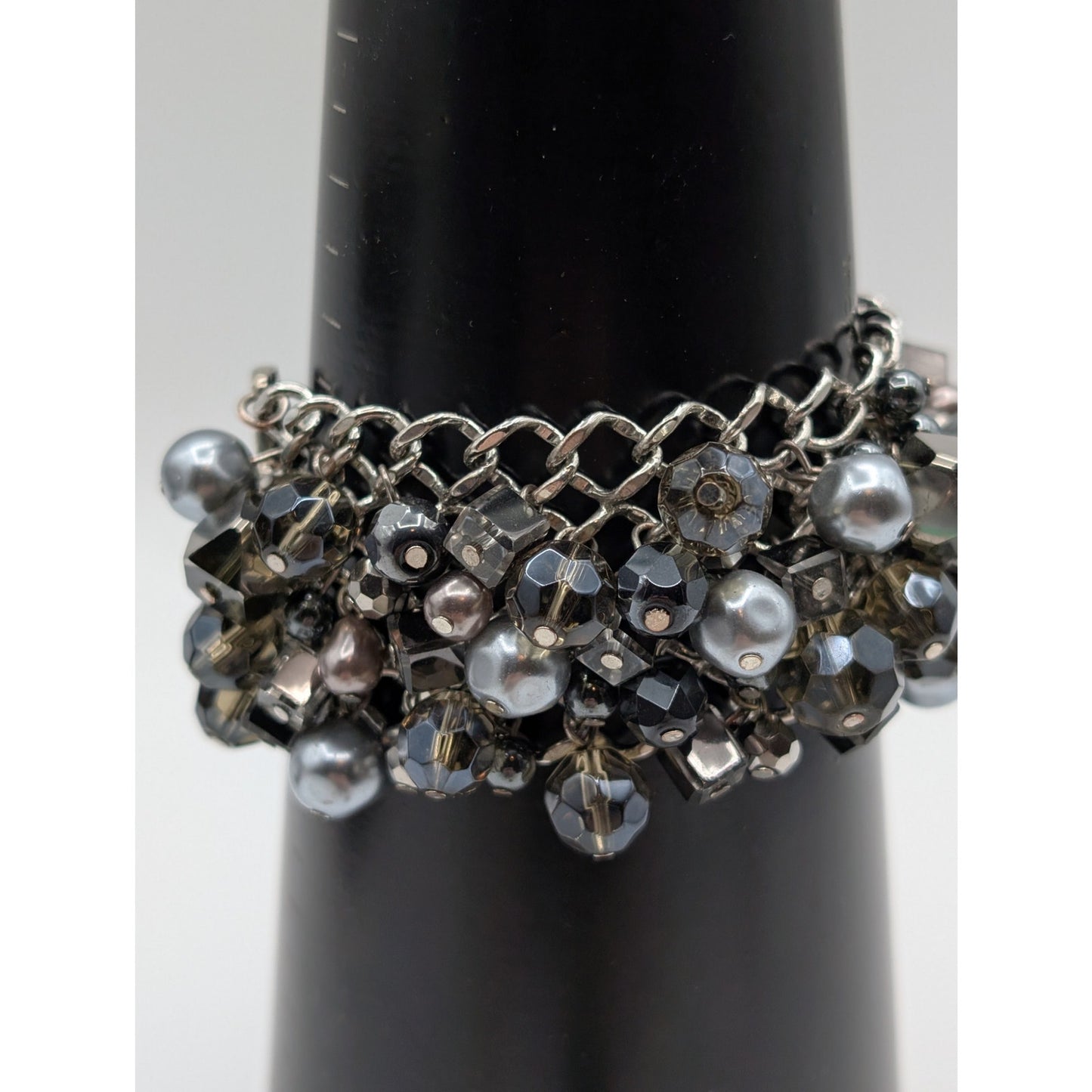 Premier Designs Silver Tone Metallic Faux Pearl Glass Crystal Toggle Bracelet