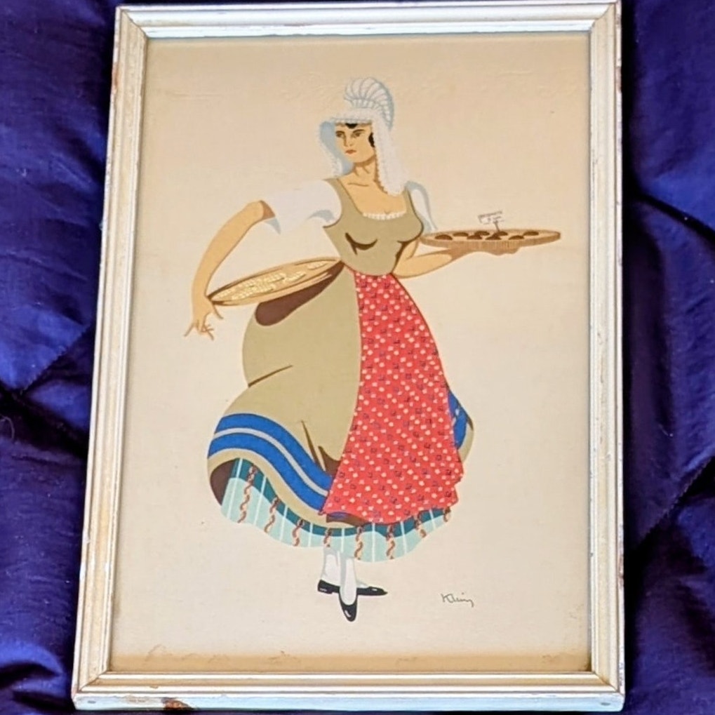 Four 10" x 6.5" Cream Wood Frame Antique/Vtg Signed Fashion Prints Under Glass