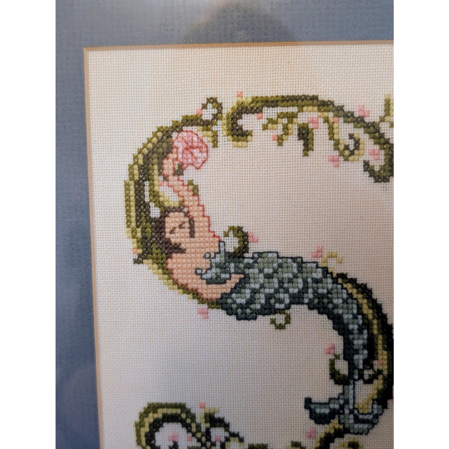 Mermaid Cross Stitch Initial 'S' Blue Mat Framed Art