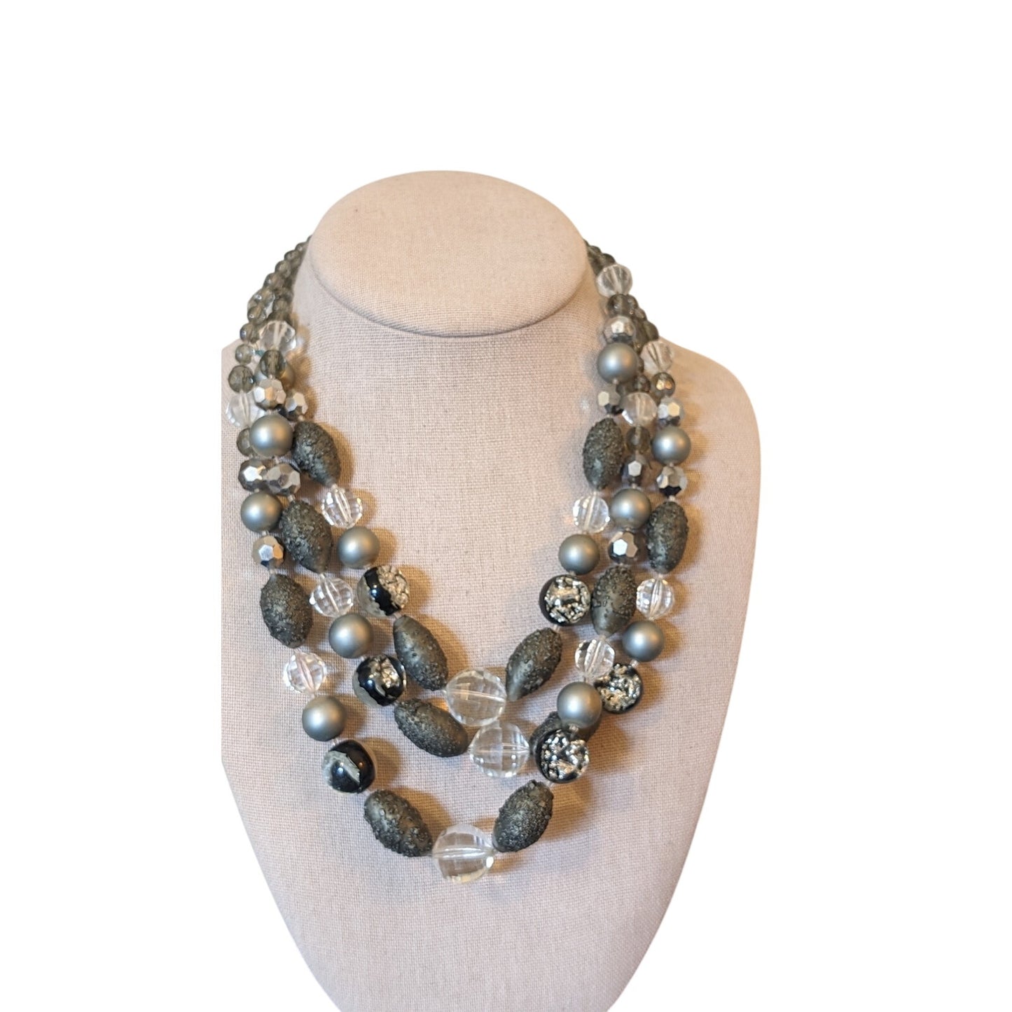 Vintage Gray Clear Faceted Crystal, Lava, Foil Bead Necklace W/ Fancy Clasp