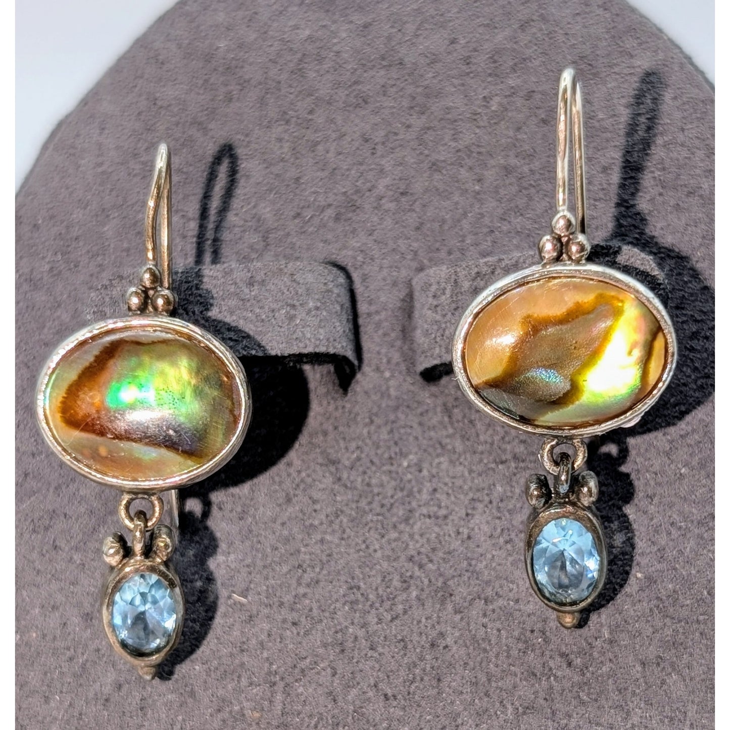Vintage 925 Sterling Silver Abalone Shell Blue Glass Dangle Kidney Wire Earrings