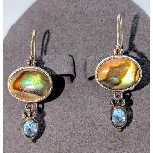 Vintage 925 Sterling Silver Abalone Shell Blue Glass Dangle Kidney Wire Earrings