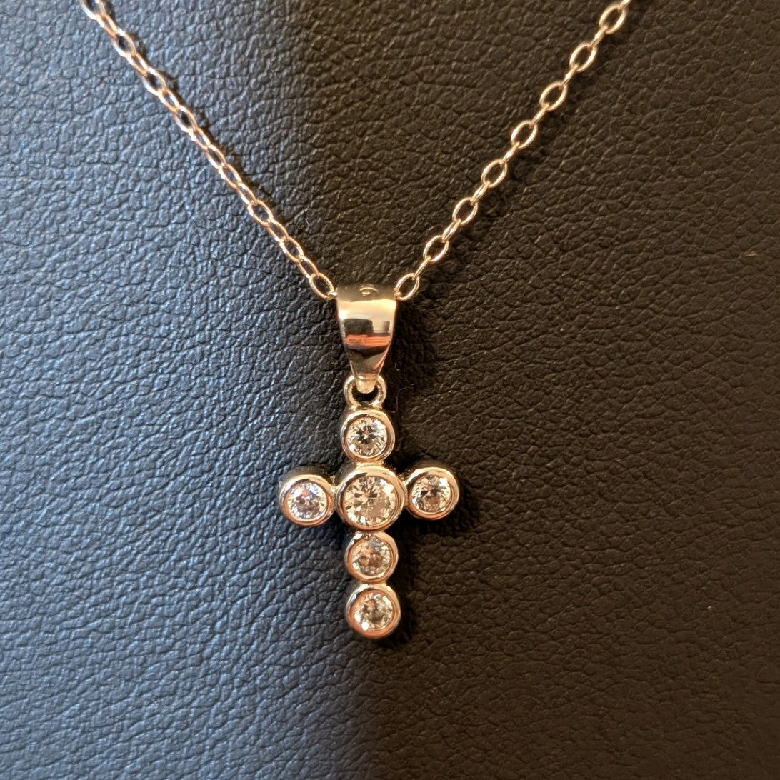 Six Bezel Set Clear Crystal CZ Cross Sterling 18" Necklace