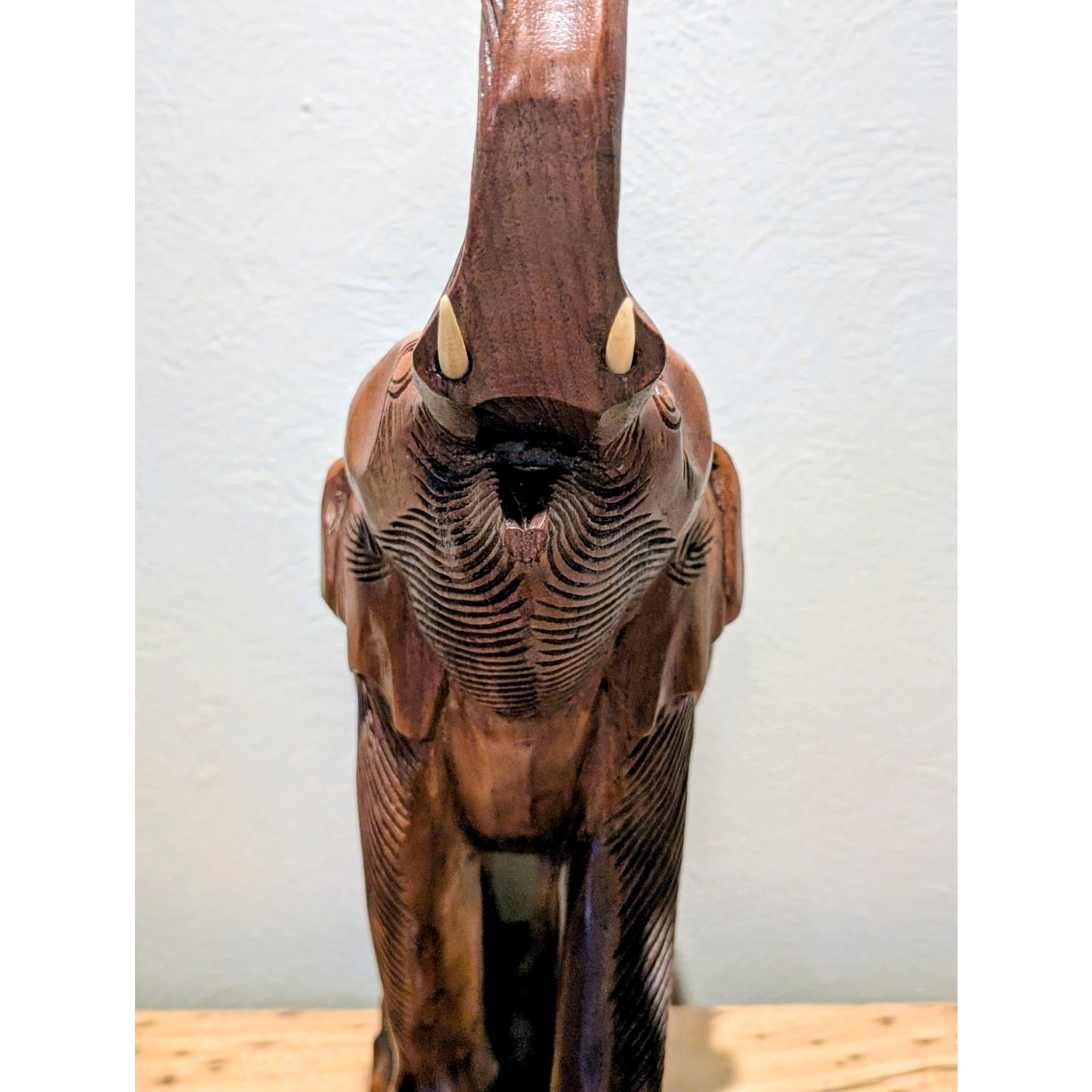 VTG Mid 20th Century Hand Carved Trunk Up Tusked Wooden Elephant Sculpture