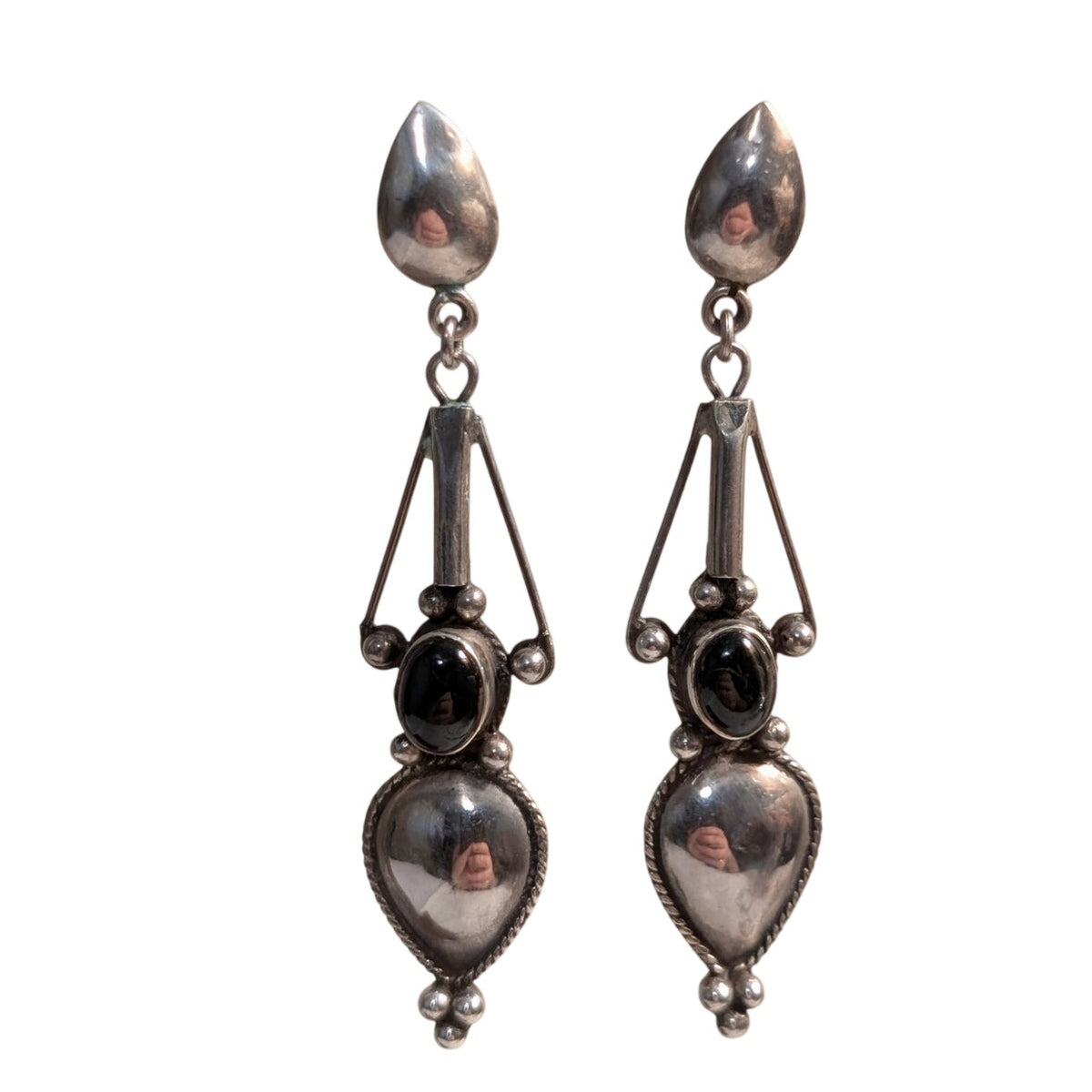 Vintage 925 Sterling Silver Bezel Set Onyx Long Dangle Post Pierced Earrings