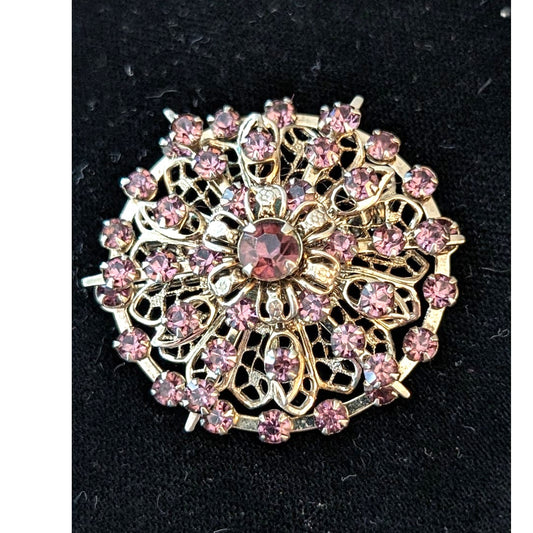 Vintage Silver Tone Purple Crystal Three Dimensional Flower Brooch