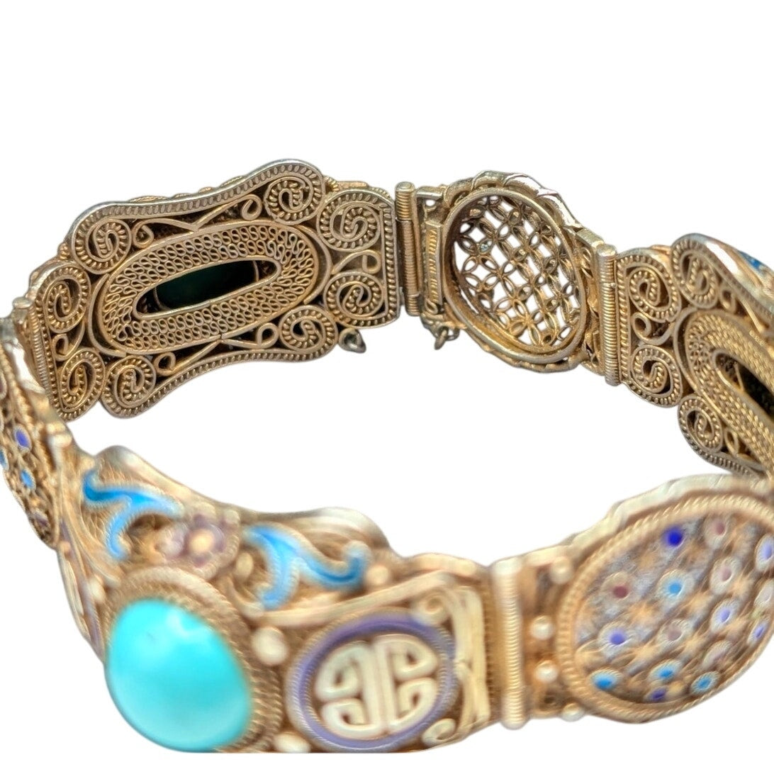 Antique 1900 Chinese Export .900 Silver Gilt Filigree Turquoise Enamel Bracelet